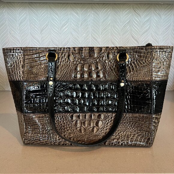 BRAHMIN Medium Asher Croco Black Gray Embossed Melbourne Leather Tote Shoulder - Picture 2 of 8